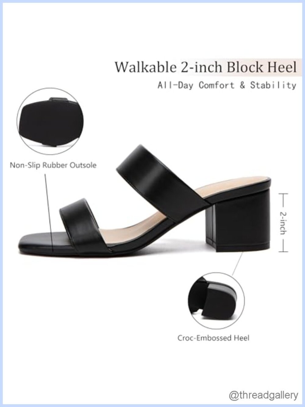 Women's Two Strap Heeled Sandals Square Toe 2 Inch Low Chunky Block Heels Slip - Picture 4 of 6